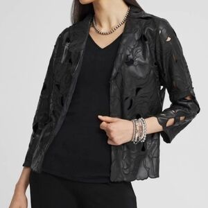 Black Travelers Collection Faux Leather Cutwork Blazer by Chico's XXL